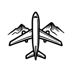 Logo agencia de viajes. Dibujo sencillo con líneas de un avión de pasajeros volando sobre unas montañas  © teracreonte