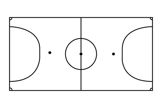 A simple black and white vector of a futsal court layout, drawn with clean lines and minimal detail, representing a clear and modern sports design.