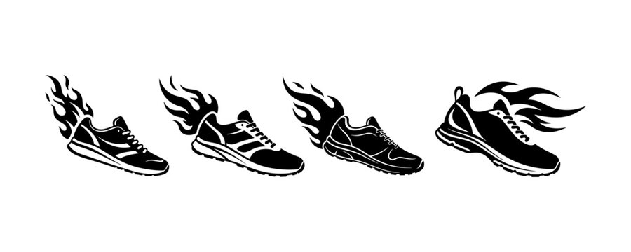 Set of Dynamic Running Shoe Icons with Fire Flames Representing Fast Speed, Performance Athletics, and Sport Sneaker Motion Logo Design