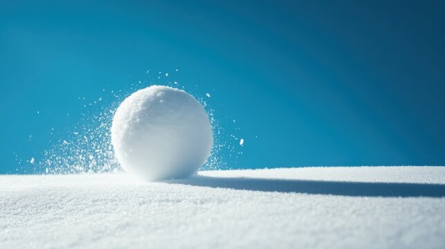 Growing snowball rolling down snowy slope, catching powder spray against bright blue sky with crisp shadows, high contrast, minimal composition conveying momentum and playful winter action, textured