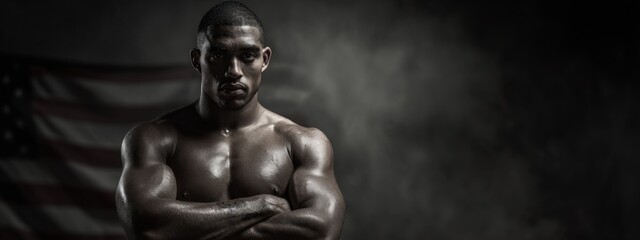 Fototapeta premium Confident Athlete Posing Strongly Against Dark Background with American Flag Symbolism
