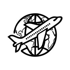 Logo agencia de viajes. Dibujo sencillo con líneas de un avión de pasajeros con un globo terráqueo  © teracreonte