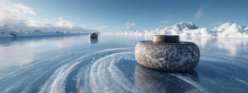 Curling stone sliding gracefully on icy surface with low angle perspective and snowy mountains in background