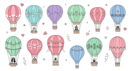 Charming collection of delightful hot air balloons in an array of pastel colors, adorned with hearts, bows, and intricate patterns, ideal for whimsical designs and dreamy romantic projects
