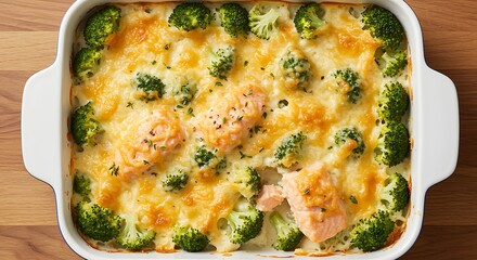 Baked salmon fillets with broccoli and cheese in a white baking dish on a wooden table healthy meal