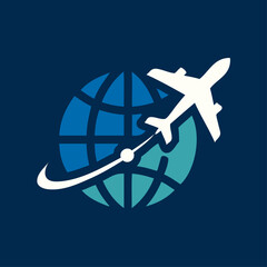 Logo agencia de viajes. Dibujo sencillo con líneas de un avión alrededor de un globo terráqueo en color azul  © teracreonte