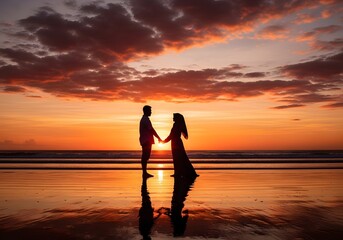 Fototapeta premium Couple Holding Hands on Beach at Sunset with Reflective Wet Sand
