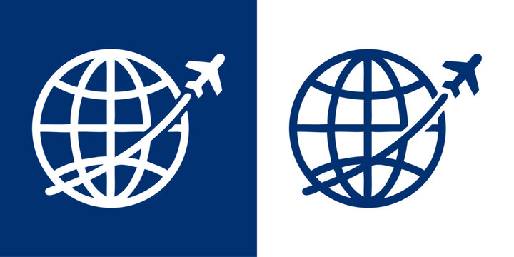 Logo agencia de viajes. Dibujo sencillo con l&iacute;neas de un avi&oacute;n alrededor de un globo terr&aacute;queo en fondo azul y blanco 