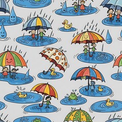Naklejka premium Children playing with umbrellas and rubber ducks in rainy puddles cartoon seamless pattern