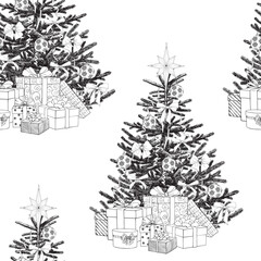 Obraz premium Line art Vintage Vector seamless pattern. Christmas tree with gifts boxes balls toys. Background for design holidays package, wrapping paper, new year decor. Hand drawn elements Black white Monochrome