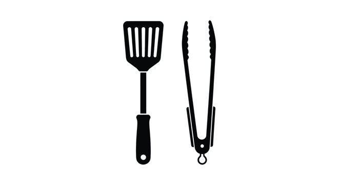 Black spatula and tongs displayed as a graphic silhouette