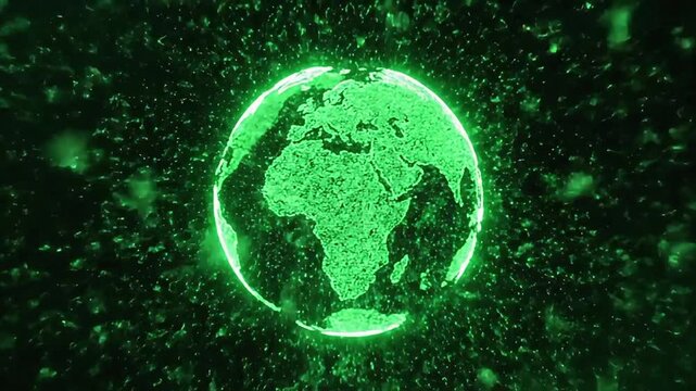 A green glowing digital particle forming the earth globe