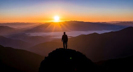 Fototapeta premium Man Standing on Mountain Peak Watching Sunrise Over Foggy Landscape