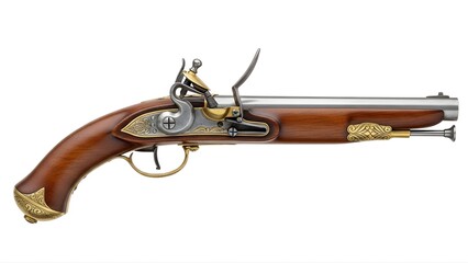 A historic flintlock pistol with intricate gold details on transparent background