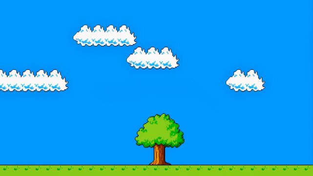 Animated tree with a bright blue sky and fluffy clouds. Ideal for nature-themed projects and digital landscapes