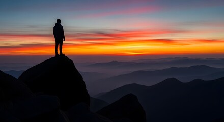 Fototapeta premium Man Standing on Mountain Peak at Sunset with Vibrant Sky