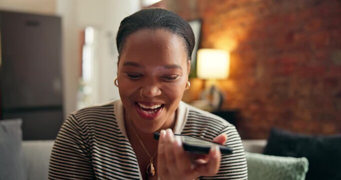 Phone call, recording and happy with black woman on sofa for language feedback, research or voice reminder. Communication, network and contact with person in home for audio note, and translation app