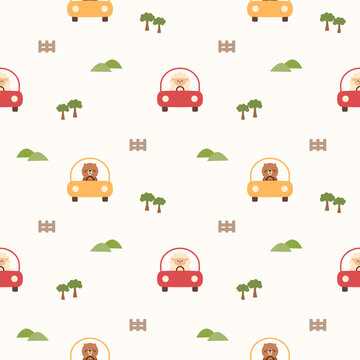 Sheep and bear in car cartoon so cute. On tree mountain fence background. Pattern seamless vector illustration. 