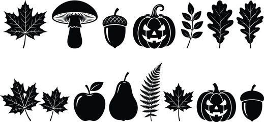 Autumn Halloween Silhouette Collection with Maple Leaves, Pumpkin, Acorn, Mushroom and Forest Elements, Black Fall Harvest Icons Isolated on White © Ariyan