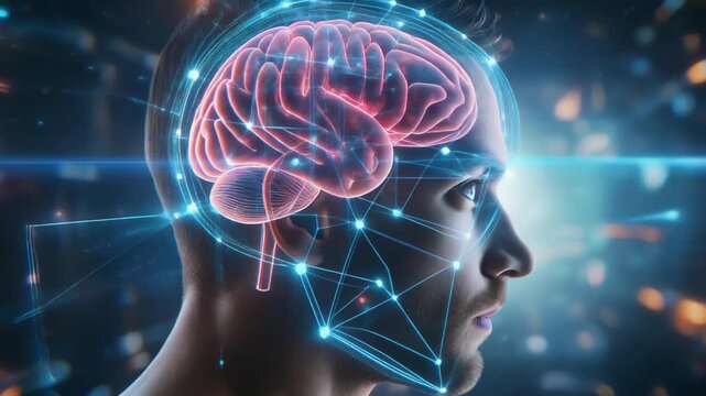Close-up of human head with transparent overlay showing brain activity. Digital neural network connection, artificial intelligence and neuroscience research concept.