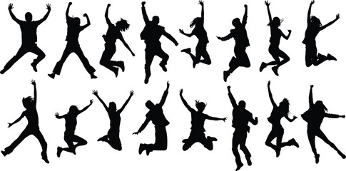 Black silhouettes of people jumping with arms raised on white background