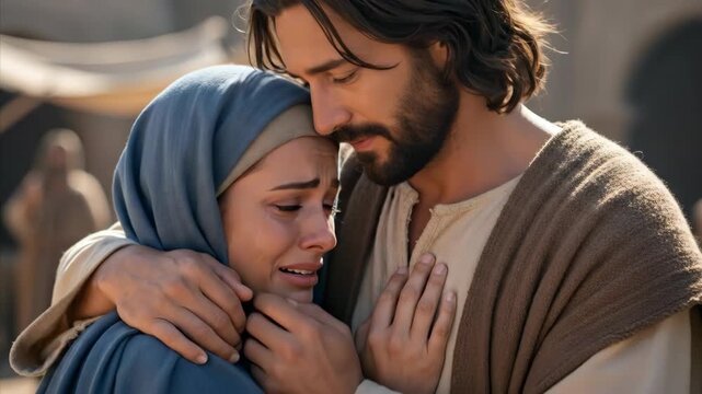 Man and woman in ancient middle eastern clothing looking at each other, depicting a biblical scene or religious concept.	