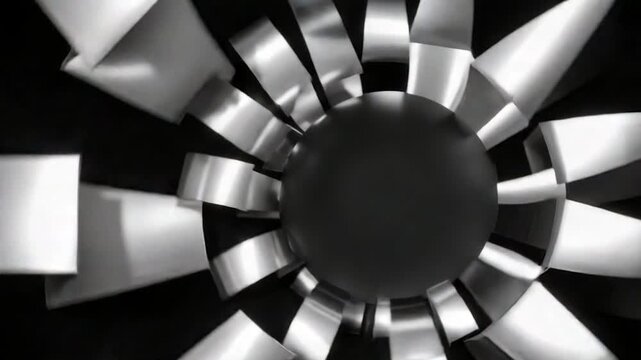 Abstract grayscale design of a central sphere surrounded by blades