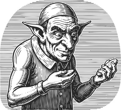 intricate vintage goblin illustration with detailed facial features and mischievous expression in classic engraving