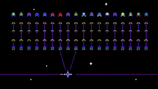 Retro arcade game animation featuring colorful pixelated aliens and laser beams. Nostalgic gaming experience evoking classic video game culture