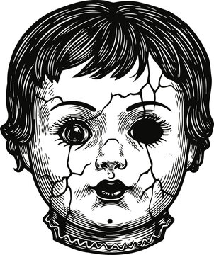 Cracked vintage doll face illustration with missing eye and detailed hair texture