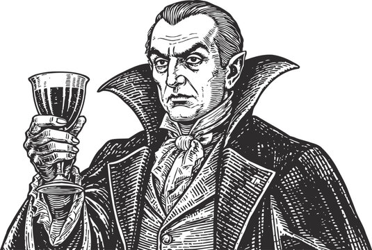 Vintage dracula vampire illustration holding a glass, gothic horror character with cape and fangs