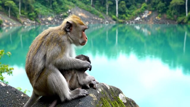 A monkey tending its young, set against a turquoise lake and forested mountains