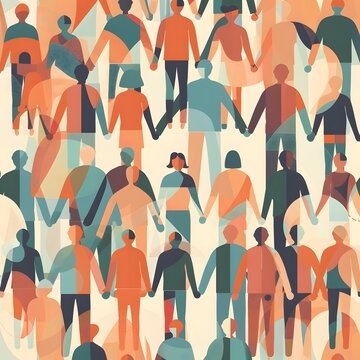 Public health equity illustration showing diverse people holding hands. Community solidarity, social care, inclusion, equality and collective support concept.