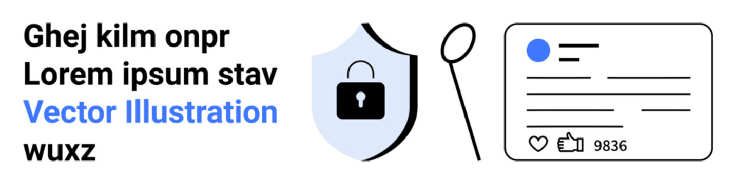 Digital security, user authentication, online protection, data privacy, identification, social media. A shield with a lock, user profile card and magnifying glass. Digital security and user
