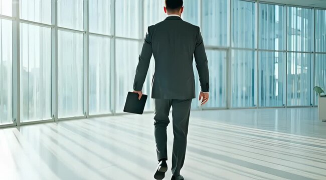 Slow motion executive walking through glass office lobby with tablet &ndash; vertical 4K corporate stock video