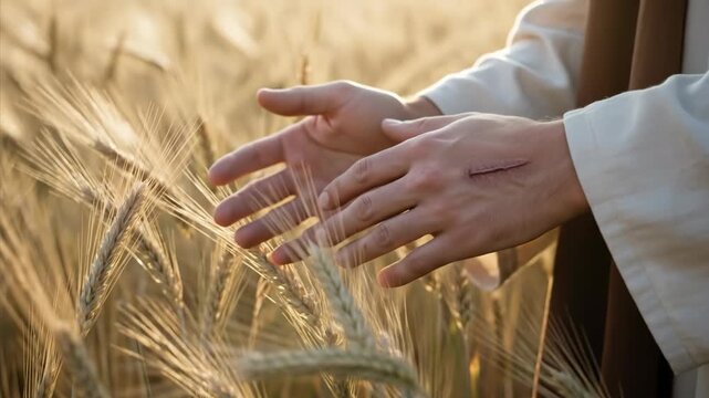 The hands of a historical figure in a white robe with stigmata, depicting Jesus, gently touch the ears of wheat in a field at sunset. A religious concept of Christianity.
