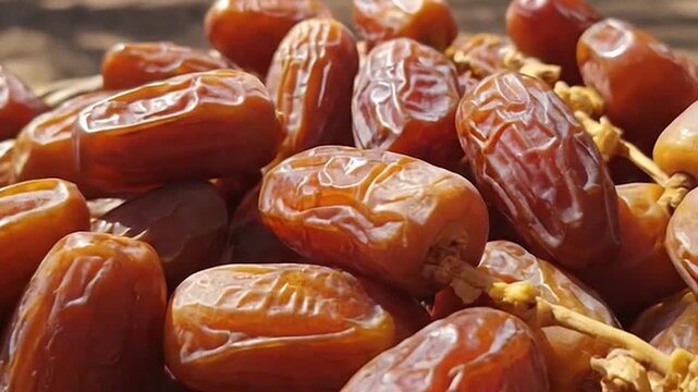 A close-up view of many ripe, sweet dates on their stems, ready for consumption.