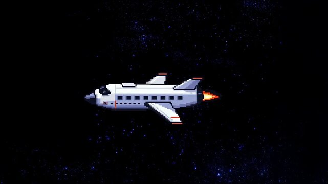Animated spaceship traveling through a starry galaxy. Represents exploration, adventure, and the future of space travel
