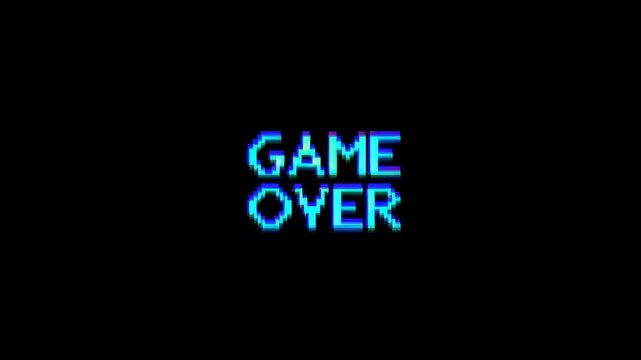 Retro video game "Game Over" screen with glitch effects. Represents the end of a gaming session and nostalgia for classic arcade experiences