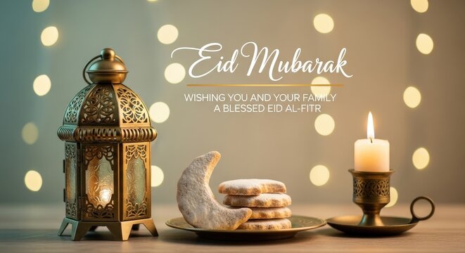 Eid mubarak wishing family a blessed eid al fitr with antique lantern cookies and candle light