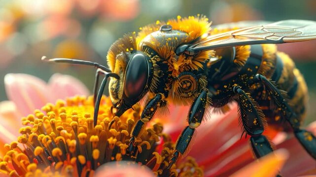 Macro view of a bee on a flower, collecting pollen, detail shot