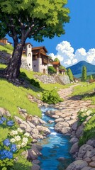 Fototapeta premium Scenic hillside retreat, charming house surrounded by lush greenery, flowing stream, bright blue sky with fluffy clouds.