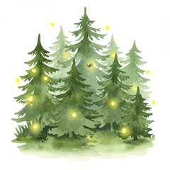 Obraz premium Watercolor Pine Forest with Yellow Lights on White Background Illustration