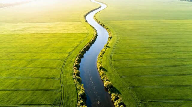 Aerial view of river through green fields