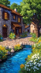 Fototapeta premium Charming countryside scene, quaint stone cottage beside a vibrant stream, surrounded by lush greenery and blooming flowers.