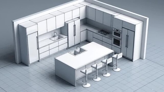 Animated 3D modeling of a modern kitchen from wireframe sketch.