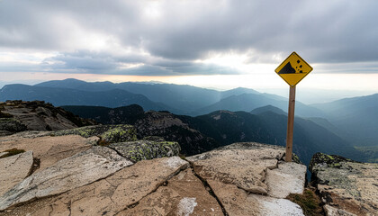 Landslide Warning Sign on Mountain Cliff with Dramatic Landscape and Risk Concept