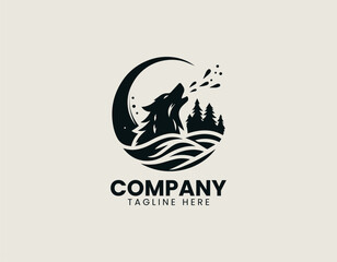 Wolf howls toward crescent moon above forest in clean modern vector illustration style