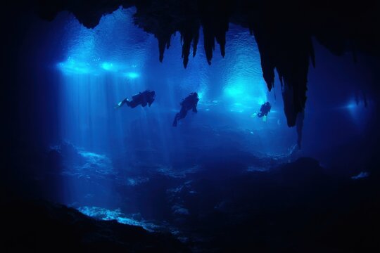 Exploratory divers navigating deep cenote shadows and narrow passageways, silhouettes moving through blue haze, sense of mystery and remote adventure with echoing silence and rocky seabed