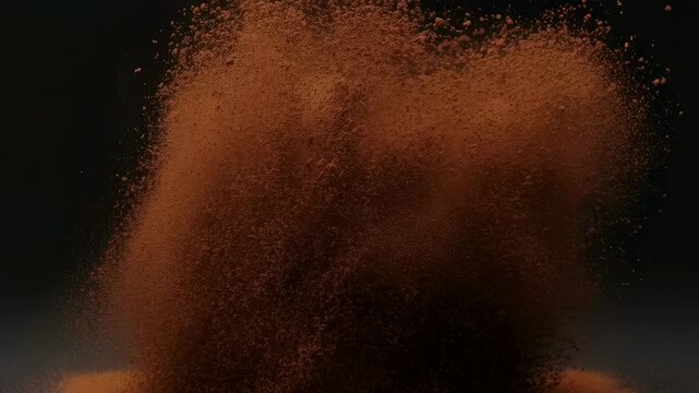 Brown powder erupting in slow motion, creating a dramatic cloud effect. Ideal for showcasing culinary ingredients, baking, or artistic visuals